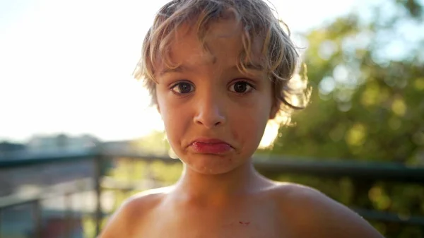One Sad Little Boy Close Face Grimacing Standing Outdoors Kid — Zdjęcie stockowe
