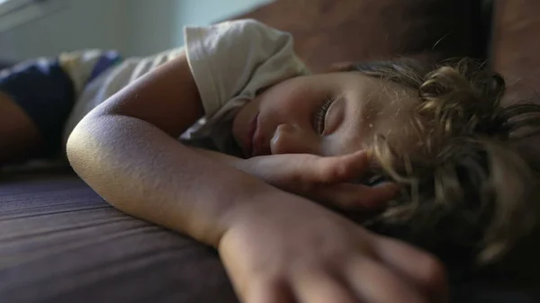 stock image Sleeping child lying on couch napping. Kid in deep slumber asleep during afternoon nap. Cute tired little boy resting