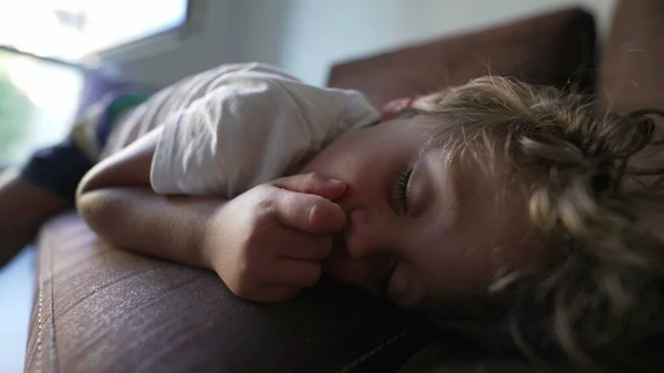 Śpiący Chłopiec Dłubie Nosie Leżąc Kanapie Dziecko Śpi Kanapie Wkładając — Zdjęcie stockowe