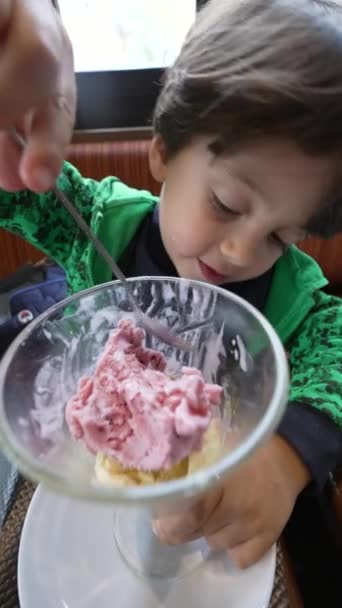 子供はガラスボウルにスプーンでアイスクリームスナックを食べます 小さな男の子座っていますでレストラン食べるデザートで垂直ビデオ — ストック動画