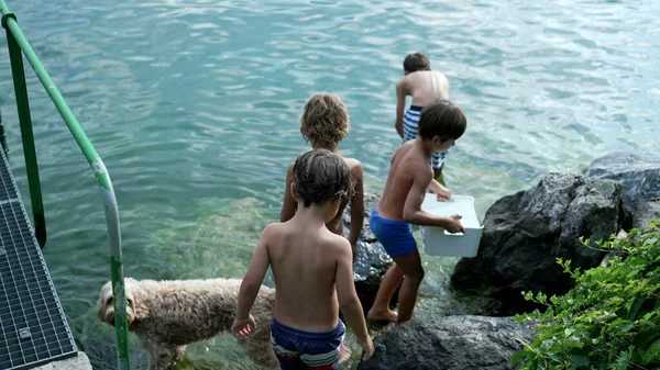 Small Boys Lake Water Vacations Children Enjoying Nature Outdoors Wearing — Stock Photo, Image