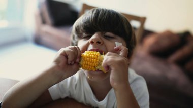 Evde CORN yiyen çocuk. Küçük bir çocuk besleyici gıdalar yiyor. Kolalı bir sebzeyi ısıran çocuk