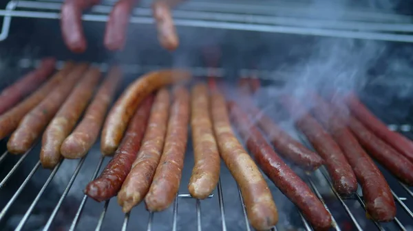 Bbq Sausages Grill Flames Cooking Hot Dogs Slow Motion — Stock Photo, Image