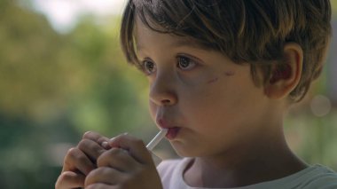 Dışarıdaki karton kutudan meyve suyu içen bir çocuğun portresi. Küçük bir çocuk dışarıda atıştırıyor.