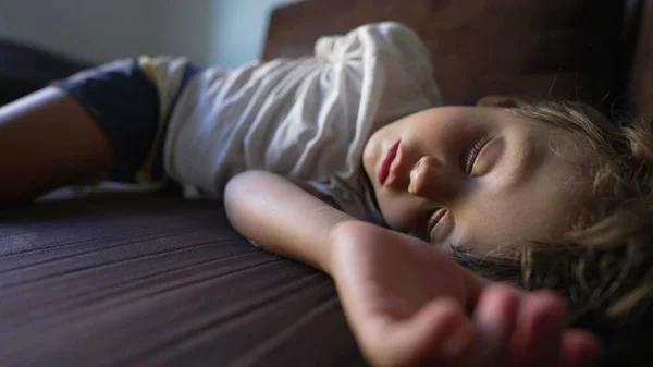 Uma Criança Dormindo Durante Sesta Tarde Sofá Adorável Menino Cochilando — Fotografia de Stock