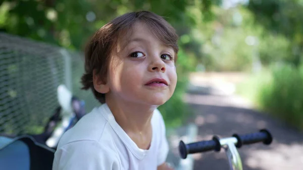 Little Boy Face Park Bench Outdoors Child Portrait Summer Day — Stock Photo, Image