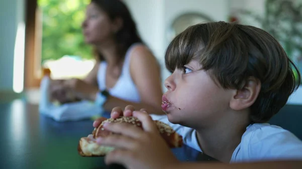 One Pensive Child Eating Bread Thoughtful Little Boy Eats Food — Stok fotoğraf