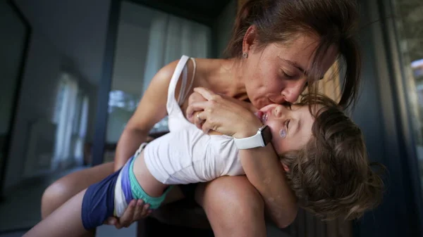 Mother Fills Son Kisses Affectionate Mom Kissing Child Apartment Balcony — Stock Photo, Image