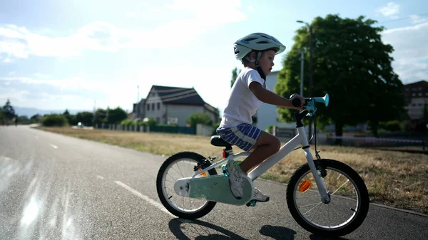 One Active Little Boy Riding Bicycle Outdoors Urban Bike Road — Stock Photo, Image
