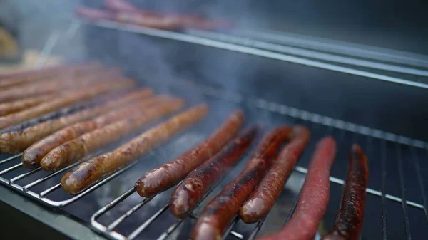 Cooking Sausages Barbecue Grill Grilling Hot Dogs Bbq —  Fotos de Stock