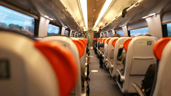 Back Train Perspective Interior Highspeed Transportation Corridor Passengers Seated Transport — Stok fotoğraf