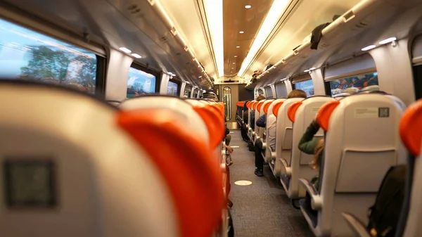 Back Train Perspective Interior Highspeed Transportation Corridor Passengers Seated Transport — 스톡 사진