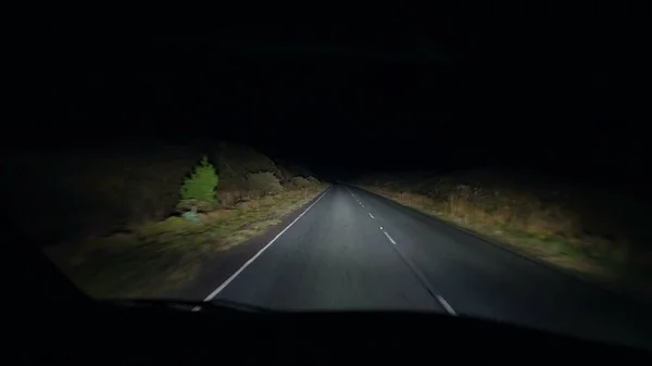 Driver Perspective Night Dark Person Point View Driving Empty Road — Φωτογραφία Αρχείου
