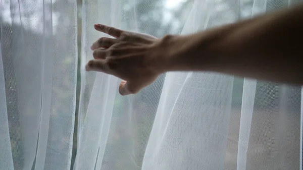Hand Revealing Outdoor Garden Curtain Autumn Season Home Backyard Person — Fotografia de Stock