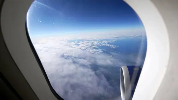 Passenger Pov Flying Commercial Airplane Blue Sky — Stock Fotó