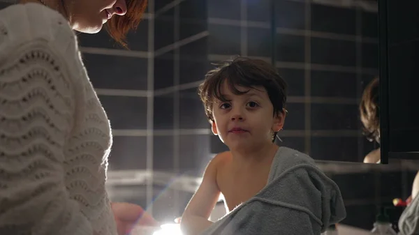 Candid Small Boy Covered Towel Sitting Bathroom Sink Bath —  Fotos de Stock