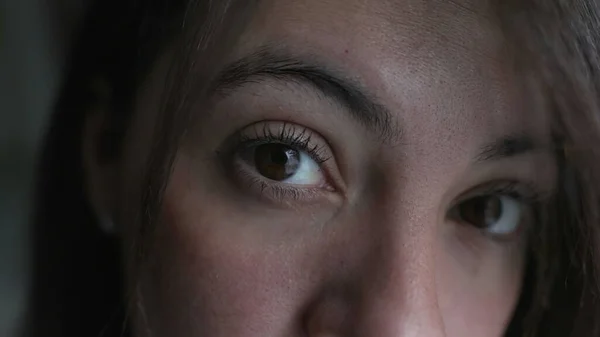Woman Close Eyes Face Looking Camera Female Caucasian Person Her — Fotografia de Stock