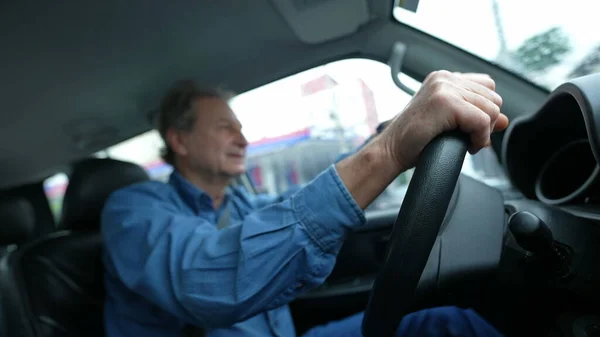 Close Hands Holding Steering Driving City One Senior Male Caucasian — Zdjęcie stockowe