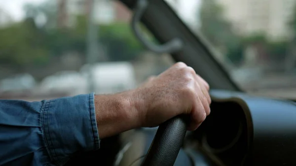 Closeup Person Hands Steering Wheel Driving Car Man Driving Vehicle — Zdjęcie stockowe