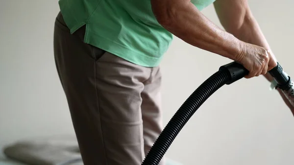 One Mature Woman Doing Domestic Chores Vacuuming Room Floor Vacuum — Stock Photo, Image