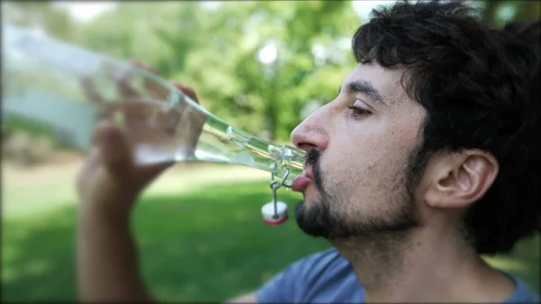 Thirsty Man Drinking Refreshing Water Park Profile Person Hydrating Glass — Stock Photo, Image