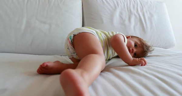 Crying Baby Climbing Sofa Upset One Year Old Infant Child — Foto Stock