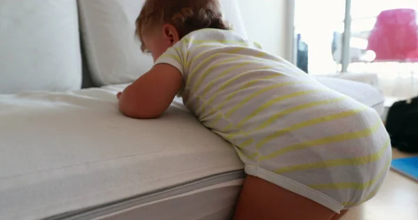 Crying Baby Climbing Sofa Upset One Year Old Infant Child — 스톡 사진