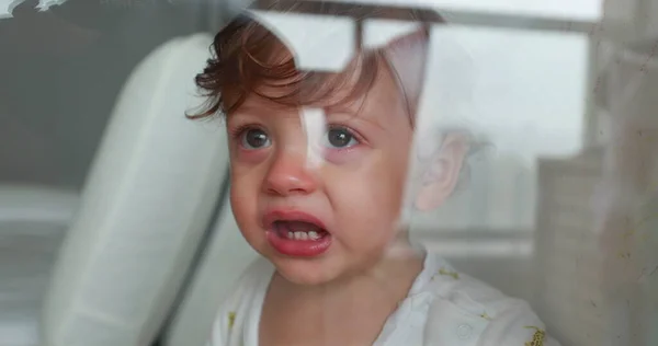 Crying Baby Leaning Window Wanting Get Out One Year Old — Stock Fotó