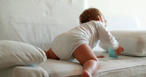 Cute Baby Climbing Sofa Infant Boy Toddler Learning Step Couch — Φωτογραφία Αρχείου