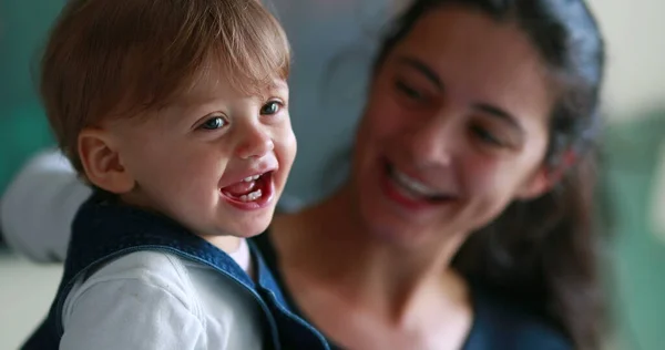 stock image Cute baby real life smile and laugh, Portrait of one year old toddler boy smiling, happy mother and infant together