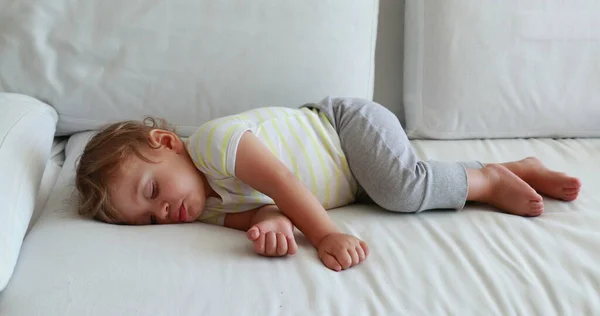 Cute Baby Sleeping Slouched Sofa Adorable Infant Boy Toddler Napping — Stok fotoğraf