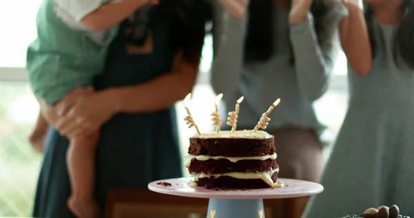 Rodzinne Świętowanie Urodzin Kobiety Klaszczące Dłonie Śpiewające Życzenia Urodzinowe Tort — Zdjęcie stockowe