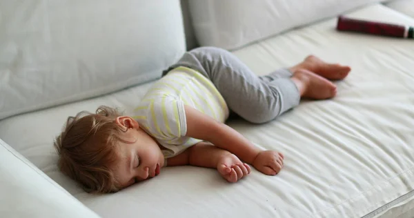 Little Baby Napping Home Couch Cute Infant Toddler Sleeping Slouched — Stock fotografie