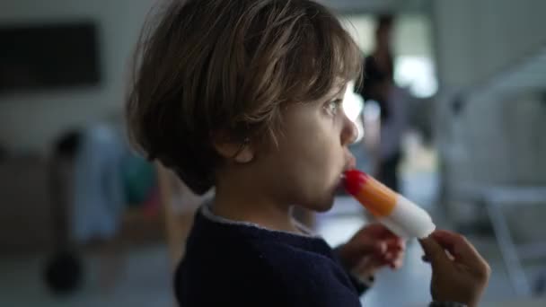 多愁善感的孩子在吃冰棒冰淇淋 小男孩拿着五颜六色小吃的概况 — 图库视频影像