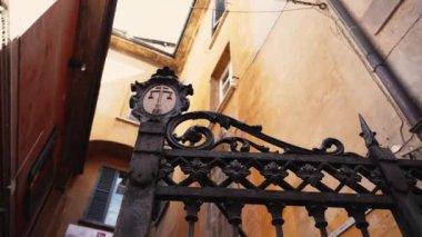 Çiçek süslemeli antik metal giriş kapısı. Binaların girişindeki eski metal kapı. Metalden yapılmış dekoratif süs. Klasik metalik desen