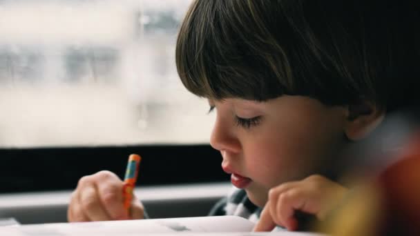 Ein Kleiner Junge Macht Hausaufgaben Während Mit Dem Zug Reist — Stockvideo