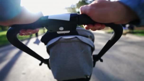 父母抱着婴儿车把手在公园外面散步 户外晴天妈妈推婴儿车的Pov — 图库视频影像
