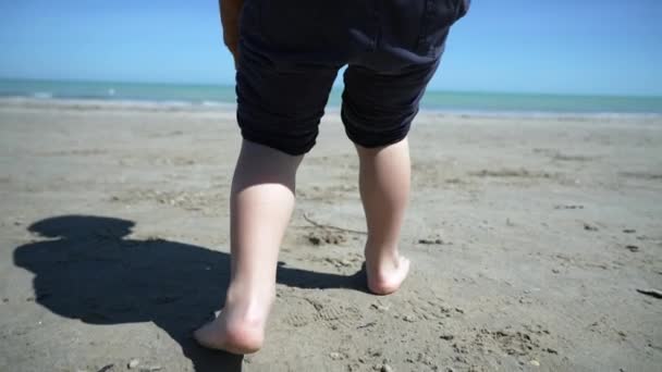 Dziecięce Nóżki Stojące Plaży Czujące Piasek Boso Dzieciak Spaceruje Brzegu — Wideo stockowe