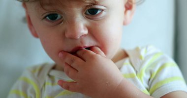 Portrait of baby one year old child eating snack, infant face chewing food