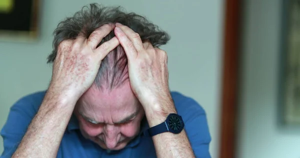 Older Man Covering Face Hands Stressed Tired Senior Man 70S — Stockfoto