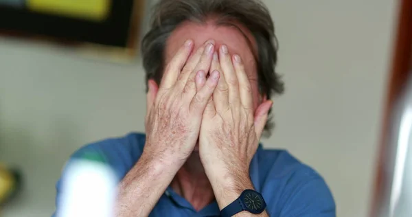 Older Man Feeling Stressed Covering Face Hands Anxious Senior Person — Stockfoto
