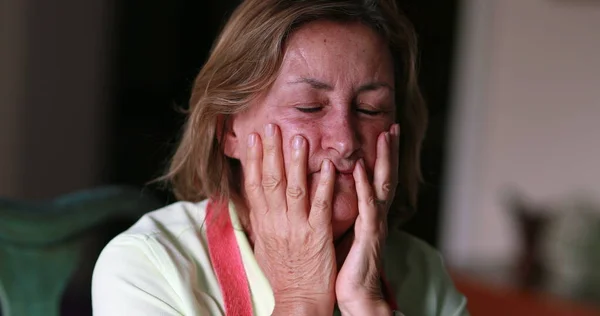 Older Woman Feeling Stress Pain Anxious Person Covering Face Hands — Fotografia de Stock