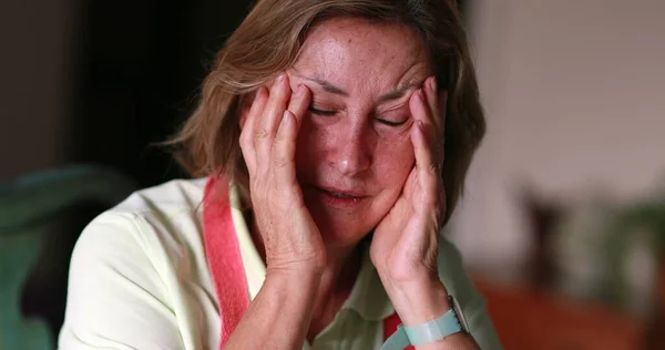 Older Woman Feeling Stress Pain Anxious Person Covering Face Hands — Stok Foto