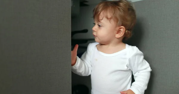 One Year Old Baby Boy Opening Kitchen Cabinet Cupboard Closer — Stock Fotó