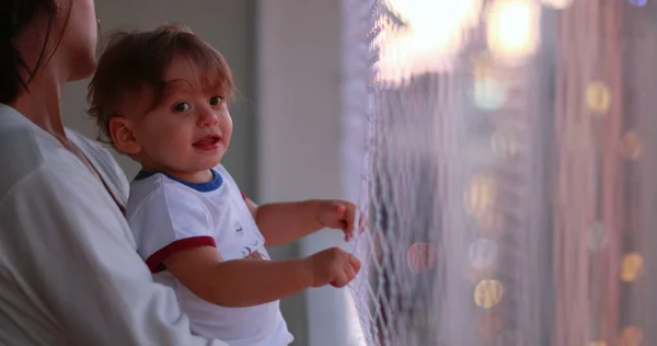 One Year Old Baby Holding Safety Net Apartment Balcony — Photo