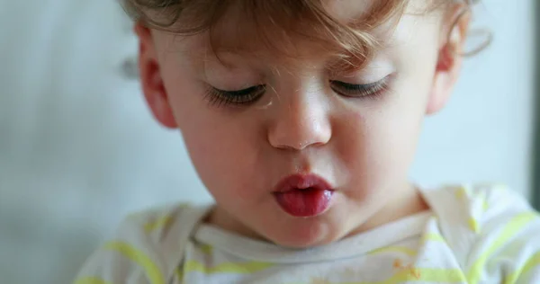 Portrait Baby One Year Old Child Eating Snack Infant Face — ストック写真