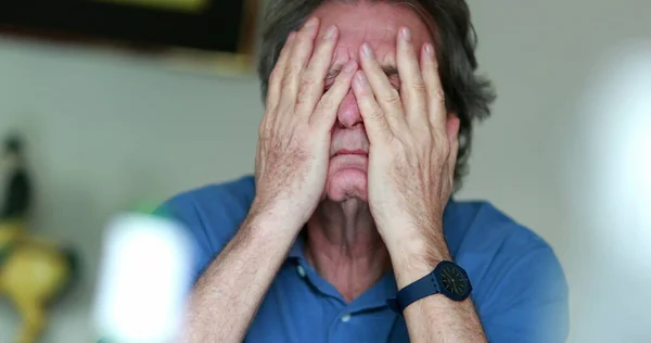 Senior Man Covering Face Hands Older Retired Man Rubbing Face — Stok fotoğraf