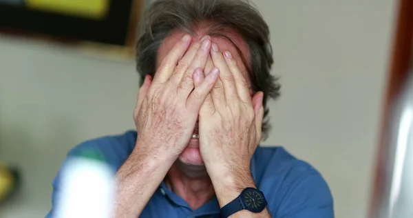 Tired Anxious Older Man Rubbing Face Hands — Stok fotoğraf