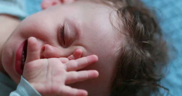 Tired Baby Rubbing Eye Face Hands Sleepy Child Infant — Fotografia de Stock