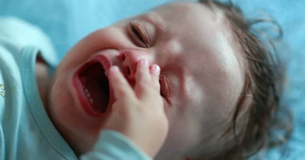 Tired Crying Baby Rubbing Face Eyes Hand Exhausted Child Wanting — Stok Foto